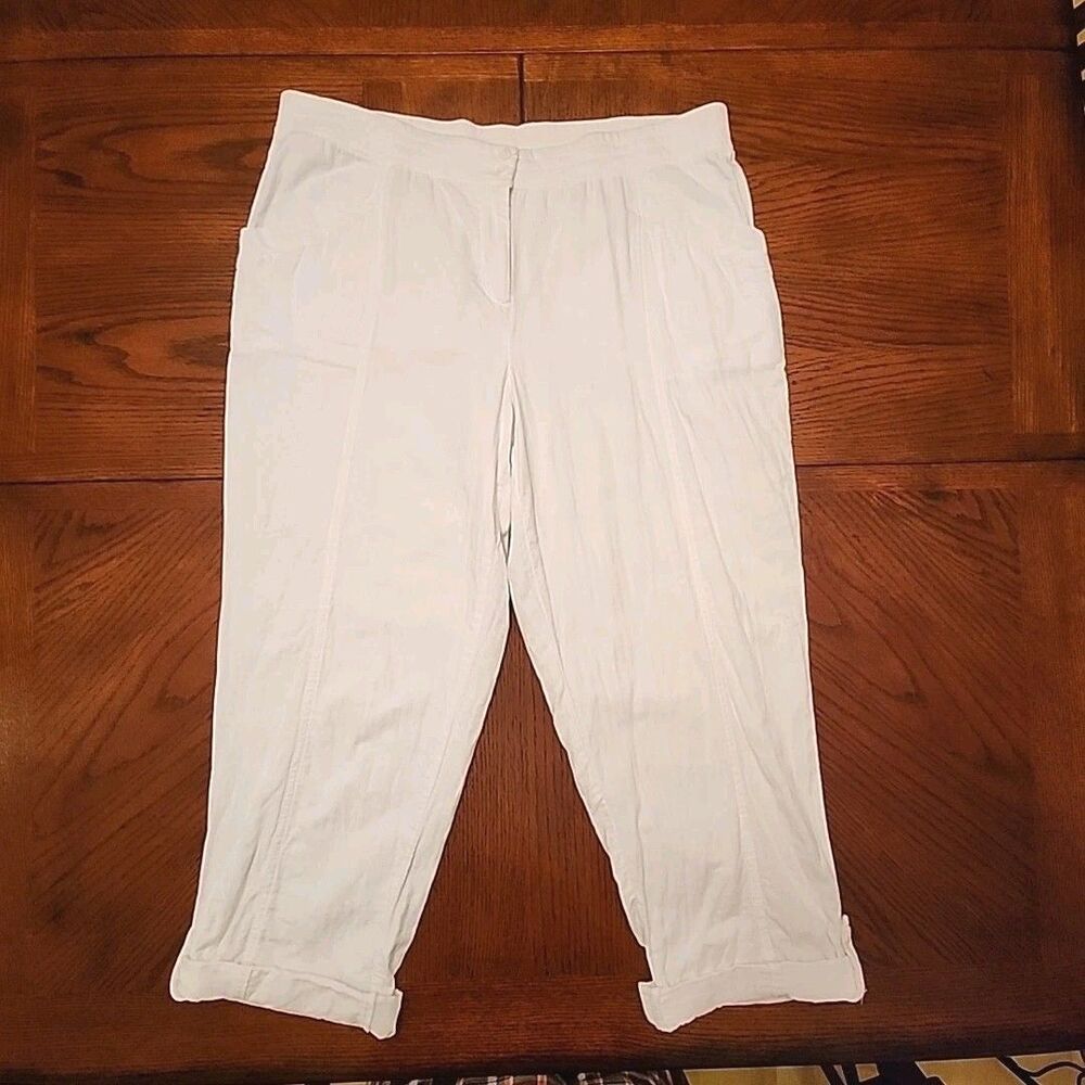 J Jill Pants Roll Tab Ankle White Cotton Women Sz 16 Knit Waistband 24" Inseam